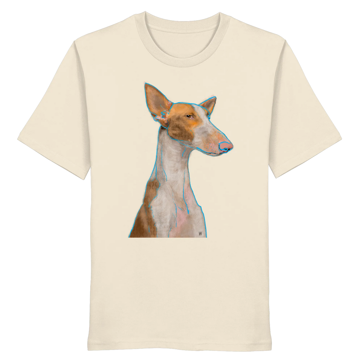 Handgezeichnete Podenco-Illustration "Bedächtig" auf einem cremeweißen Bio-T-Shirt