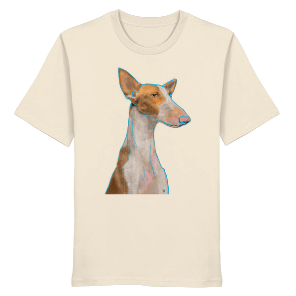 Handgezeichnete Podenco-Illustration "Bedächtig" auf einem cremeweißen Bio-T-Shirt