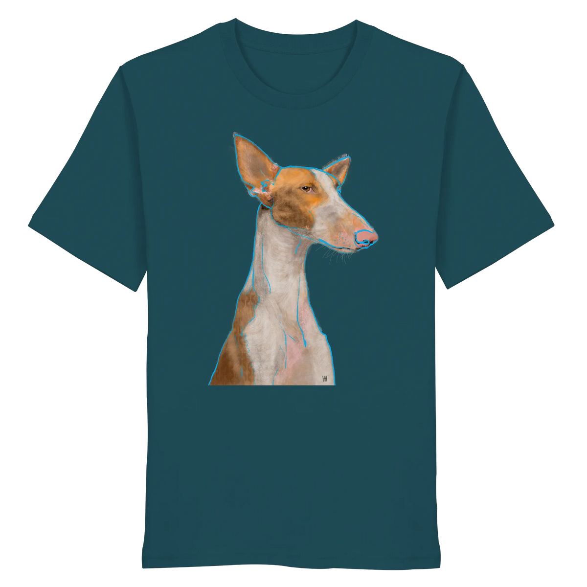 Handgezeichnete Podenco-Illustration "Bedächtig" auf einem petrolfarbenen Bio-T-Shirt