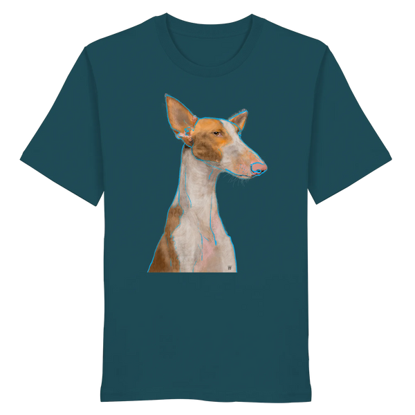 Handgezeichnete Podenco-Illustration "Bedächtig" auf einem petrolfarbenen Bio-T-Shirt