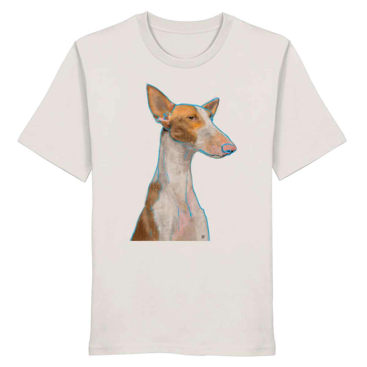 Handgezeichnete Podenco-Illustration "Bedächtig" auf einem altweißen Bio-T-Shirt
