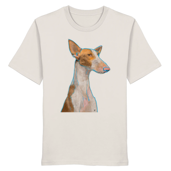 Handgezeichnete Podenco-Illustration "Bedächtig" auf einem altweißen Bio-T-Shirt