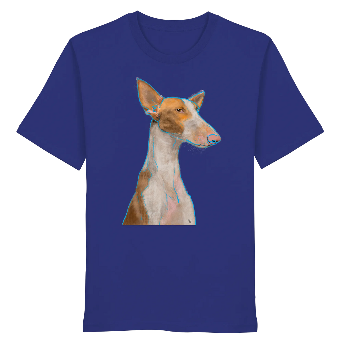 Handgezeichnete Podenco-Illustration "Bedächtig" auf einem ultramarinblauen Bio-T-Shirt