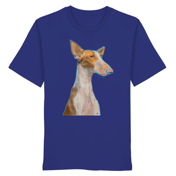 Handgezeichnete Podenco-Illustration "Bedächtig" auf einem ultramarinblauen Bio-T-Shirt