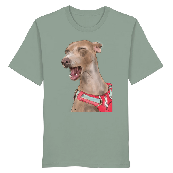 Handgezeichnete Podenco-Illustration "Lebensfroh" auf einem Bio-T-Shirt in Salbeigrün