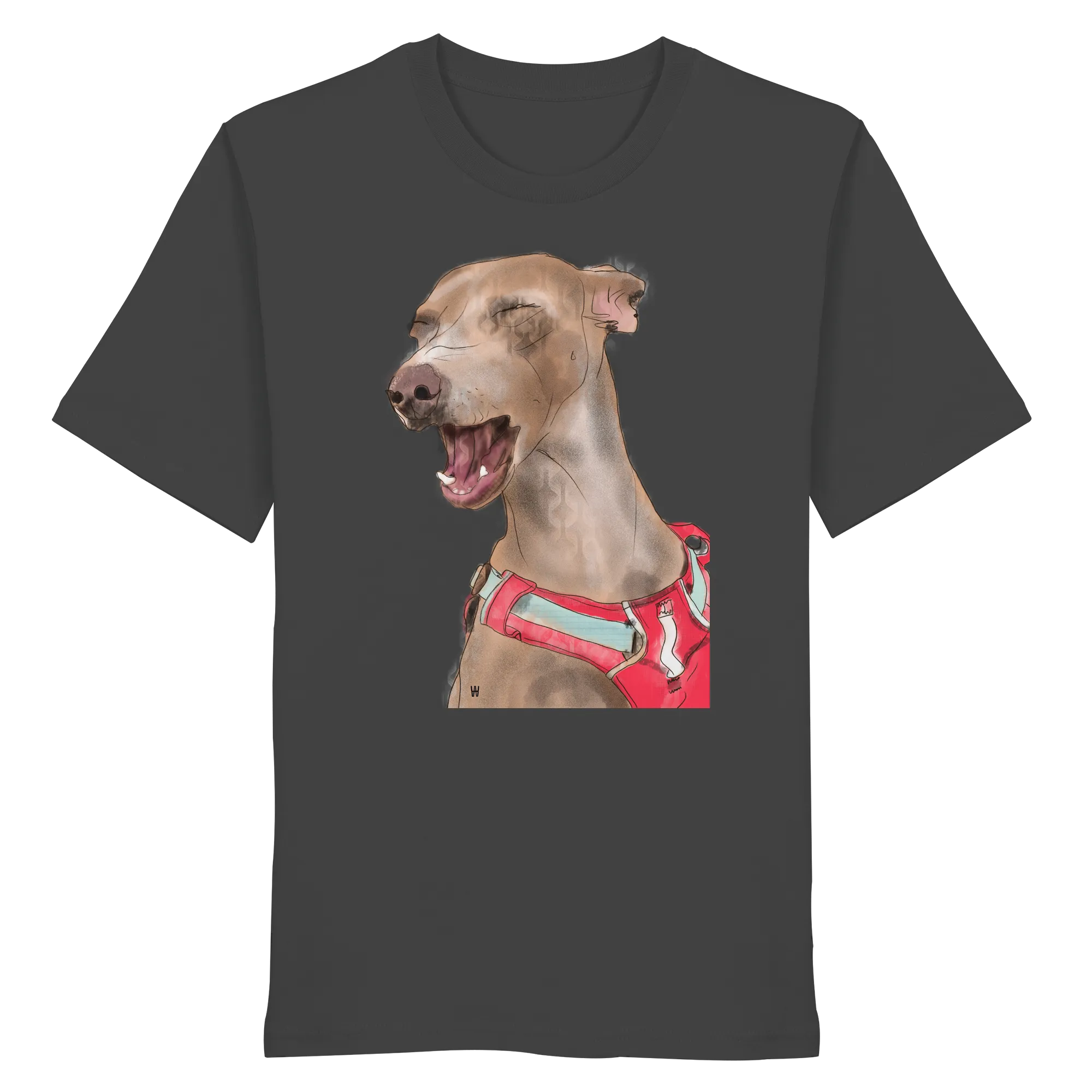 Handgezeichnete Podenco-Illustration "Lebensfroh" auf einem Bio-T-Shirt in Anthrazitgrau