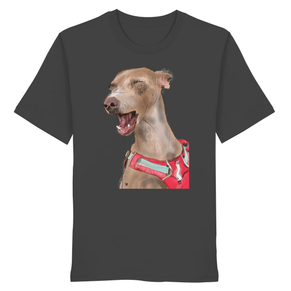 Handgezeichnete Podenco-Illustration "Lebensfroh" auf einem Bio-T-Shirt in Anthrazitgrau