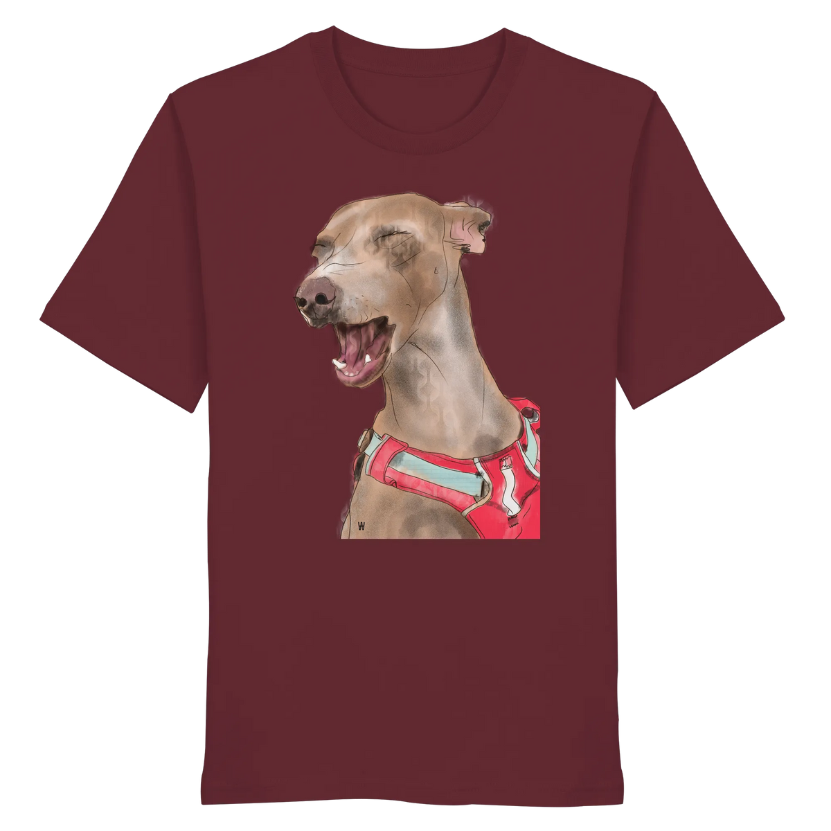 Handgezeichnete Podenco-Illustration "Lebensfroh" auf einem Bio-T-Shirt in Weinrot