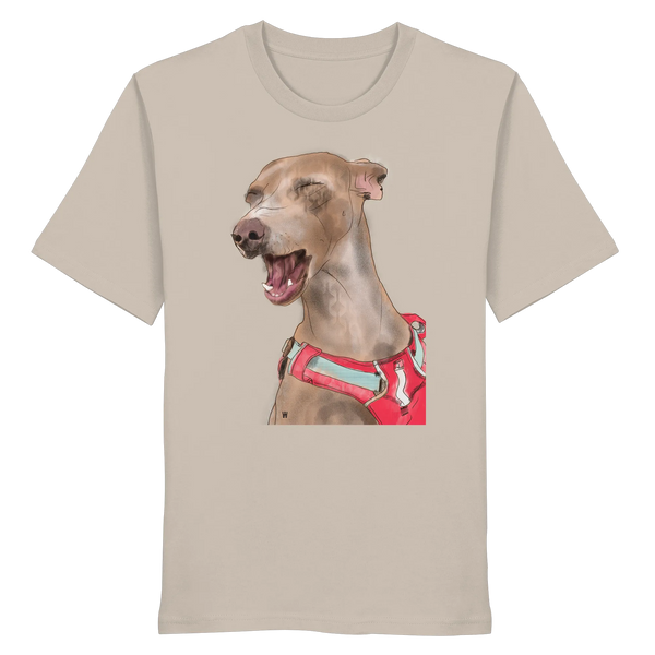 Handgezeichnete Podenco-Illustration "Lebensfroh" auf einem Bio-T-Shirt in Sandbeige