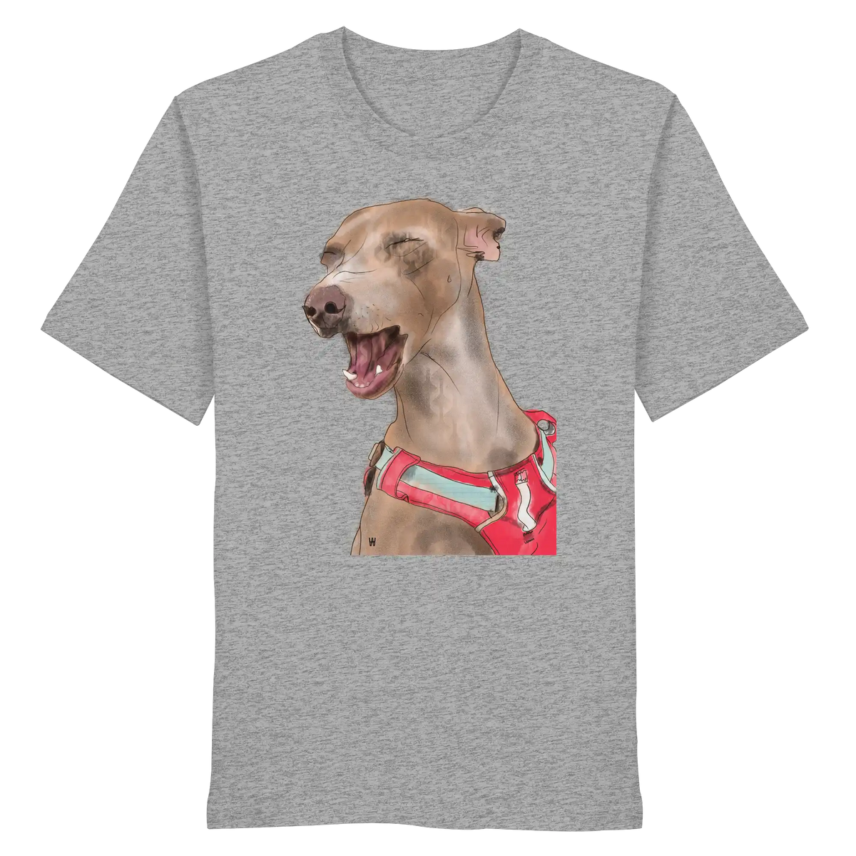Handgezeichnete Podenco-Illustration "Lebensfroh" auf einem Bio-T-Shirt in Hellgrau meliert