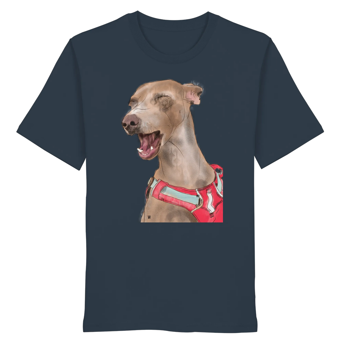 Handgezeichnete Podenco-Illustration "Lebensfroh" auf einem Bio-T-Shirt in Dunkelblaugrau