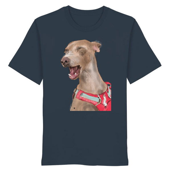Handgezeichnete Podenco-Illustration "Lebensfroh" auf einem Bio-T-Shirt in Dunkelblaugrau