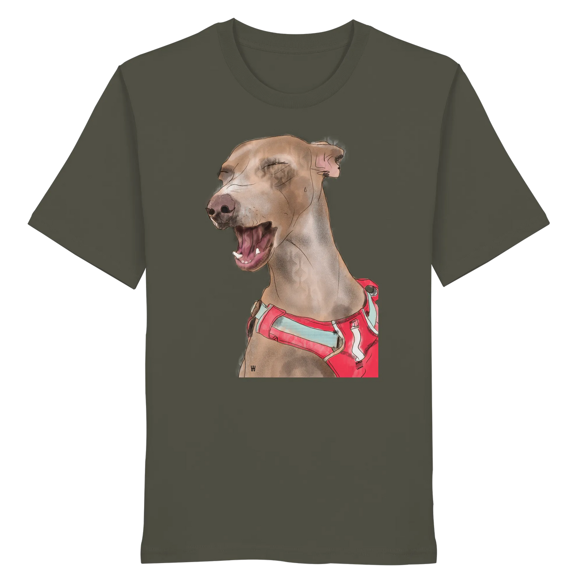 Handgezeichnete Podenco-Illustration "Lebensfroh" auf einem Bio-T-Shirt in Khaki.