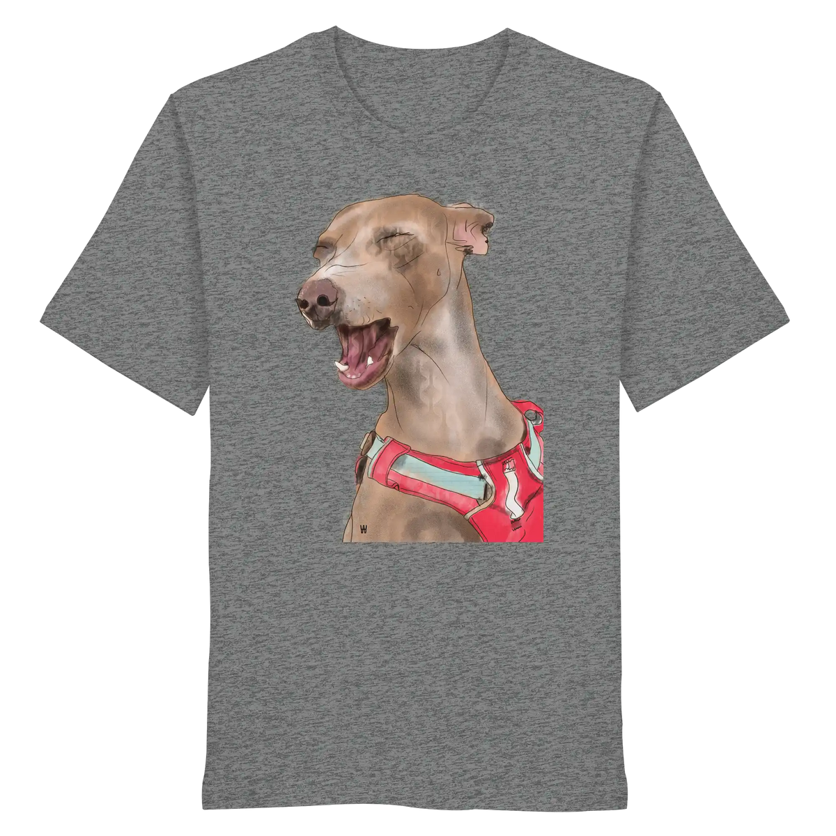 Handgezeichnete Podenco-Illustration "Lebensfroh" auf einem Bio-T-Shirt in Mittelgrau meliert
