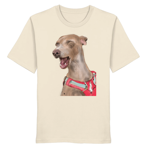 Handgezeichnete Podenco-Illustration "Lebensfroh" auf einem Bio-T-Shirt in Cremeweiß