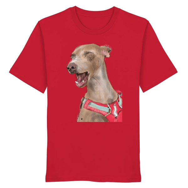 Handgezeichnete Podenco-Illustration "Lebensfroh" auf einem Bio-T-Shirt in Rot