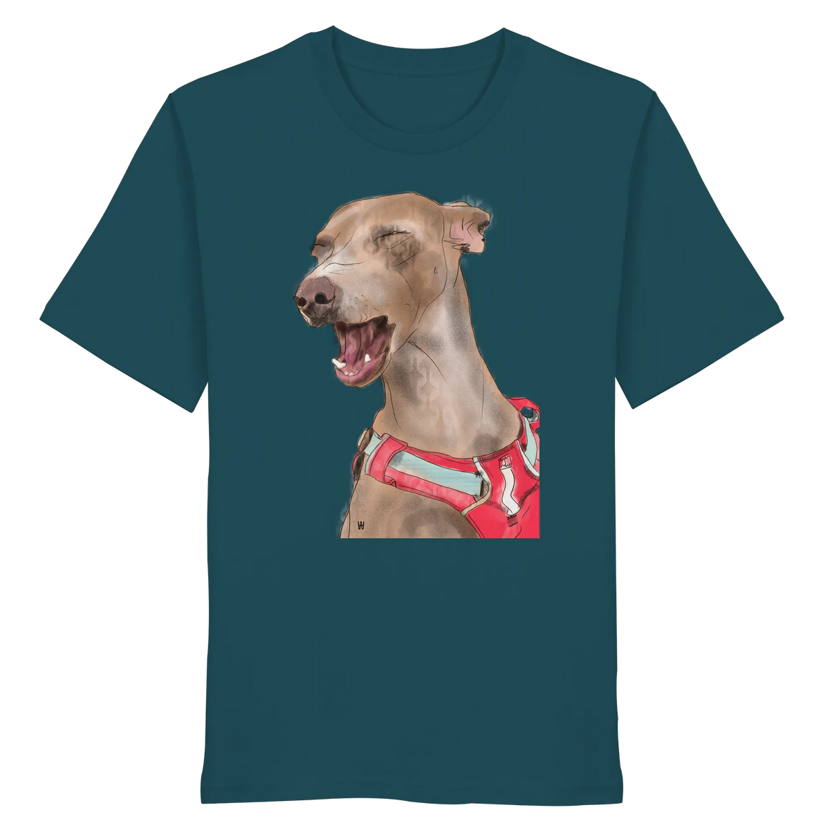 Handgezeichnete Podenco-Illustration "Lebensfroh" auf einem Bio-T-Shirt in Petrol