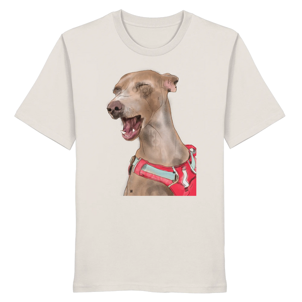 Handgezeichnete Podenco-Illustration "Lebensfroh" auf einem Bio-T-Shirt in Altweiß.