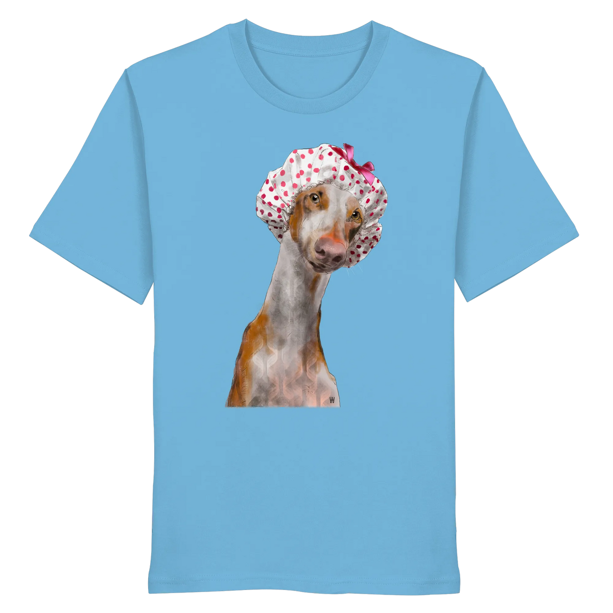 Handgezeichnete Podenco-Illustration "Sanft" auf einem mittelblauen Bio-T-Shirt.