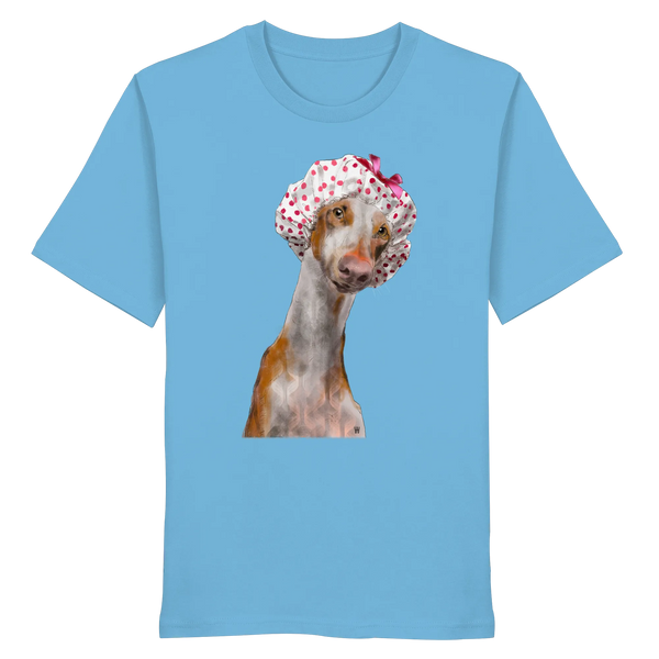 Handgezeichnete Podenco-Illustration "Sanft" auf einem mittelblauen Bio-T-Shirt.