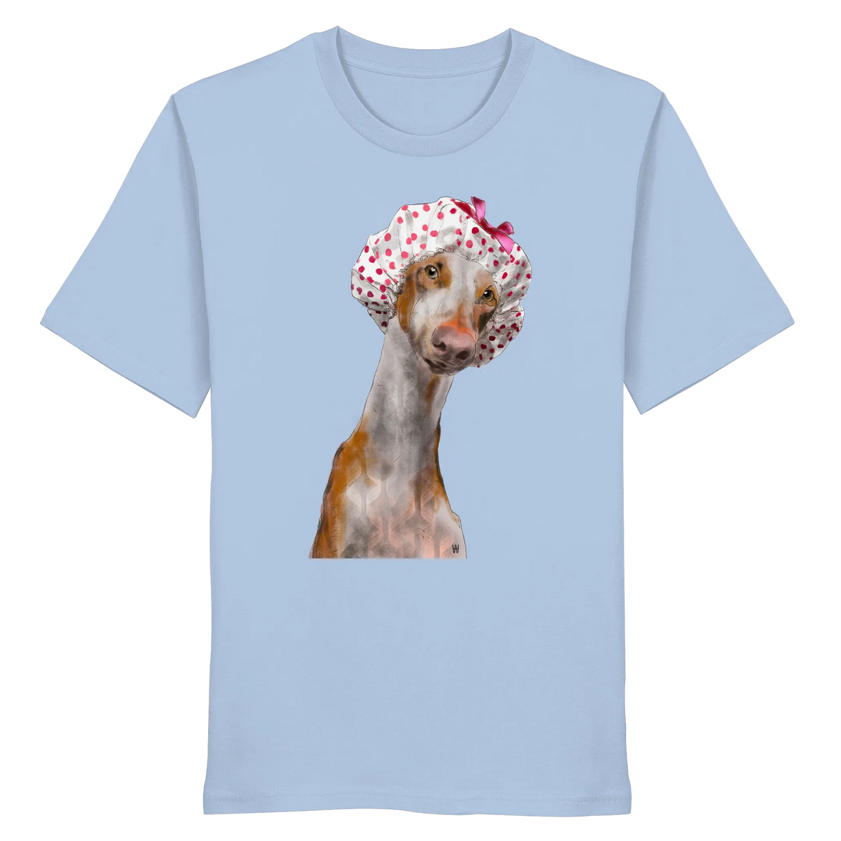 Handgezeichnete Podenco-Illustration "Sanft" auf einem Bio-T-Shirt in Hellblau.