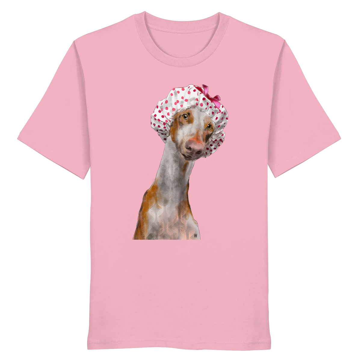 Handgezeichnete Podenco-Illustration "Sanft" auf einem Bio-T-Shirt in Pink.