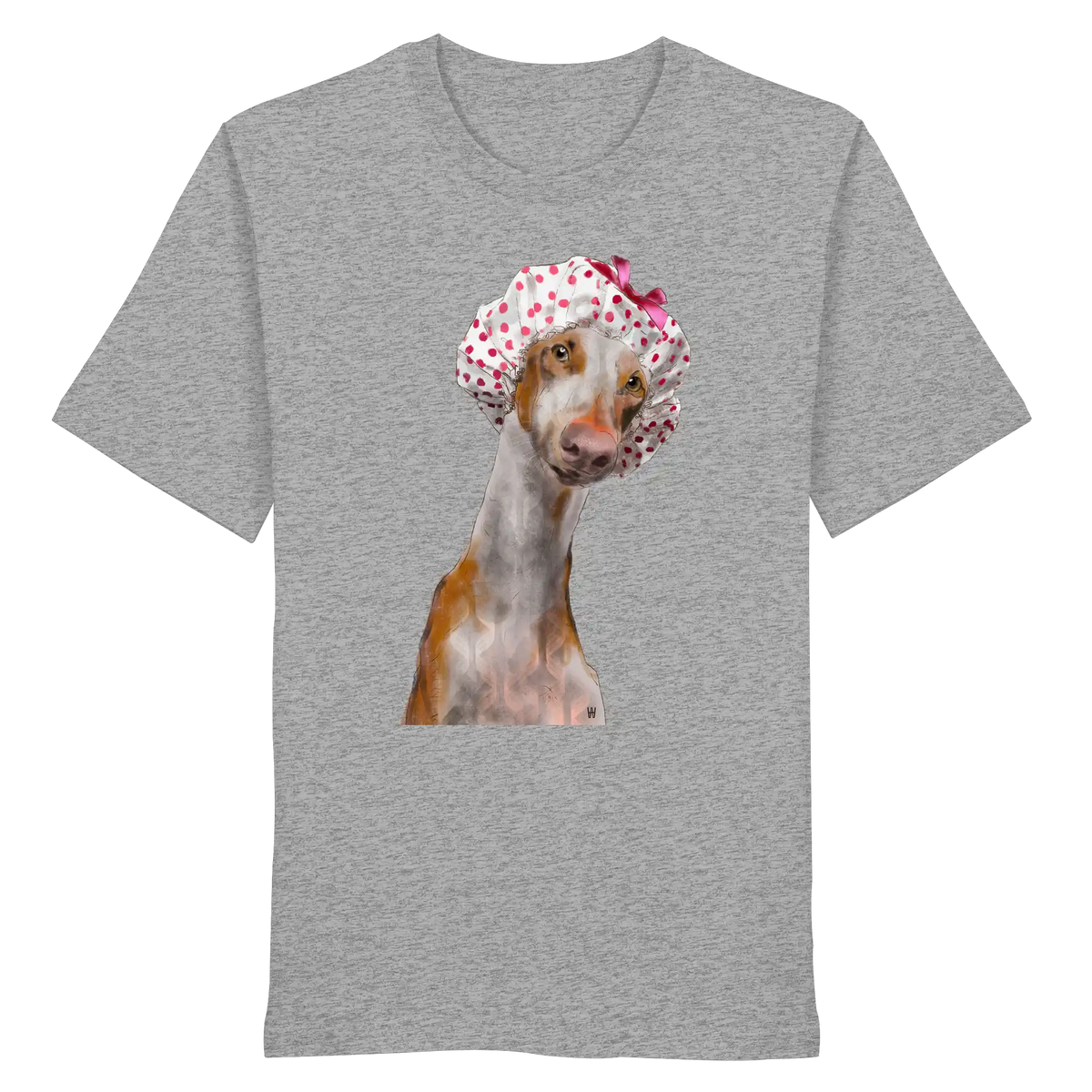 Handgezeichnete Podenco-Illustration "Sanft" auf einem hellgrau-melierten Bio-T-Shirt.