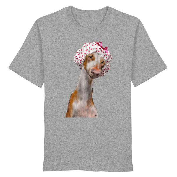Handgezeichnete Podenco-Illustration "Sanft" auf einem hellgrau-melierten Bio-T-Shirt.