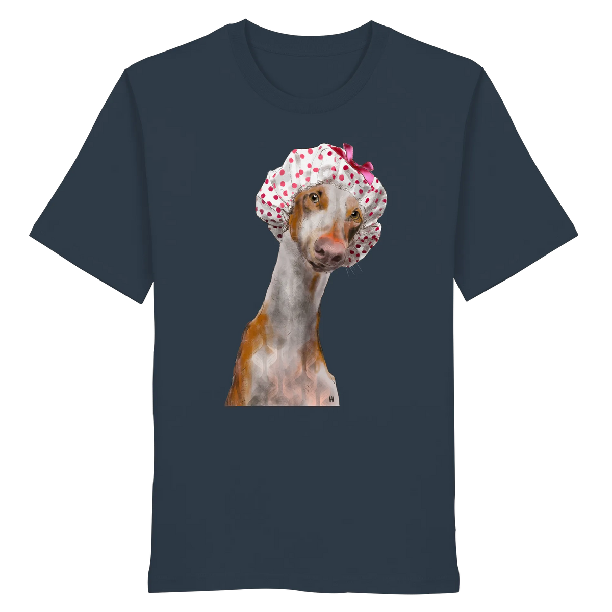 Handgezeichnete Podenco-Illustration "Sanft" auf einem Bio-T-Shirt in Tintengraublau.