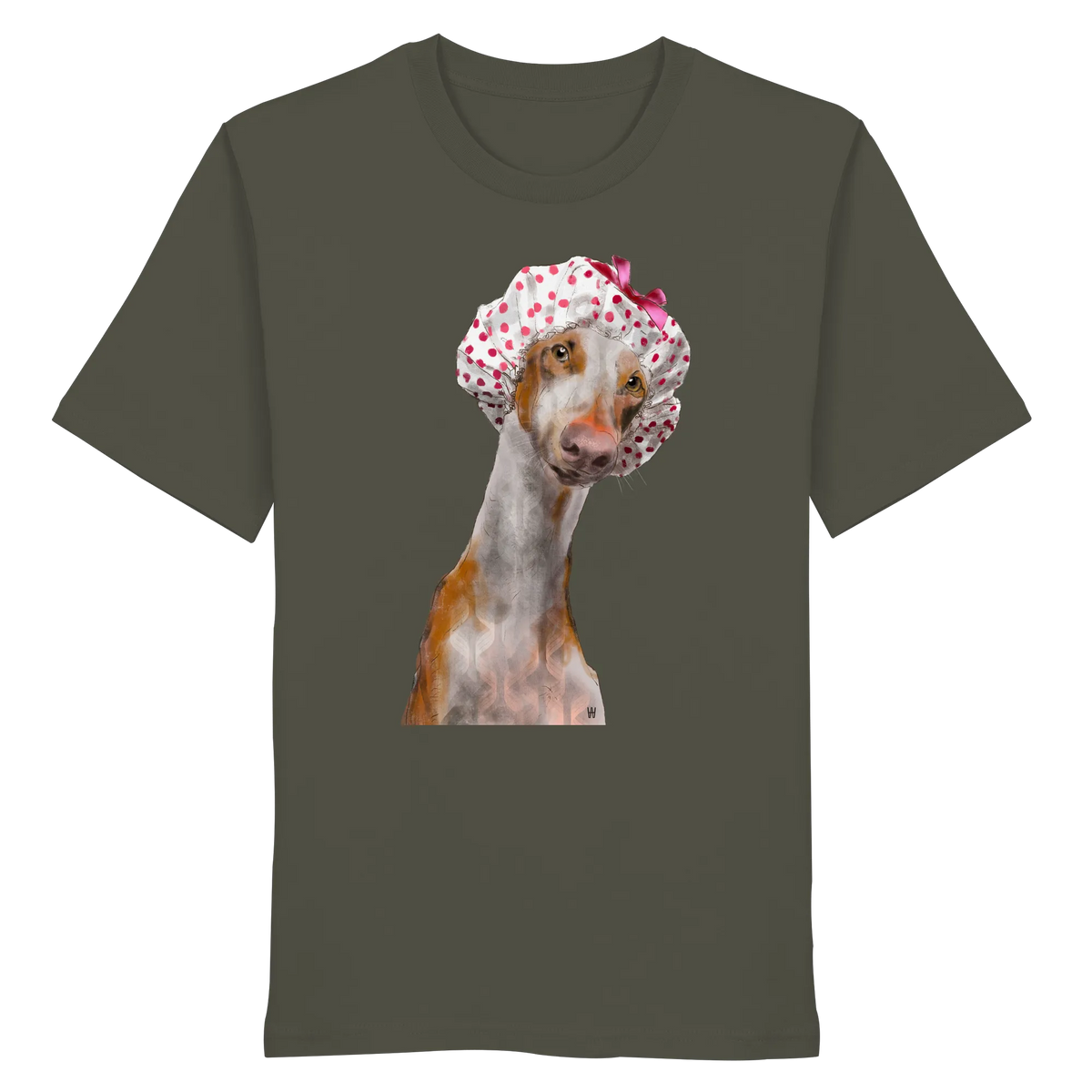 Handgezeichnete Podenco-Illustration "Sanft" auf einem Bio-T-Shirt in Khakigrün.