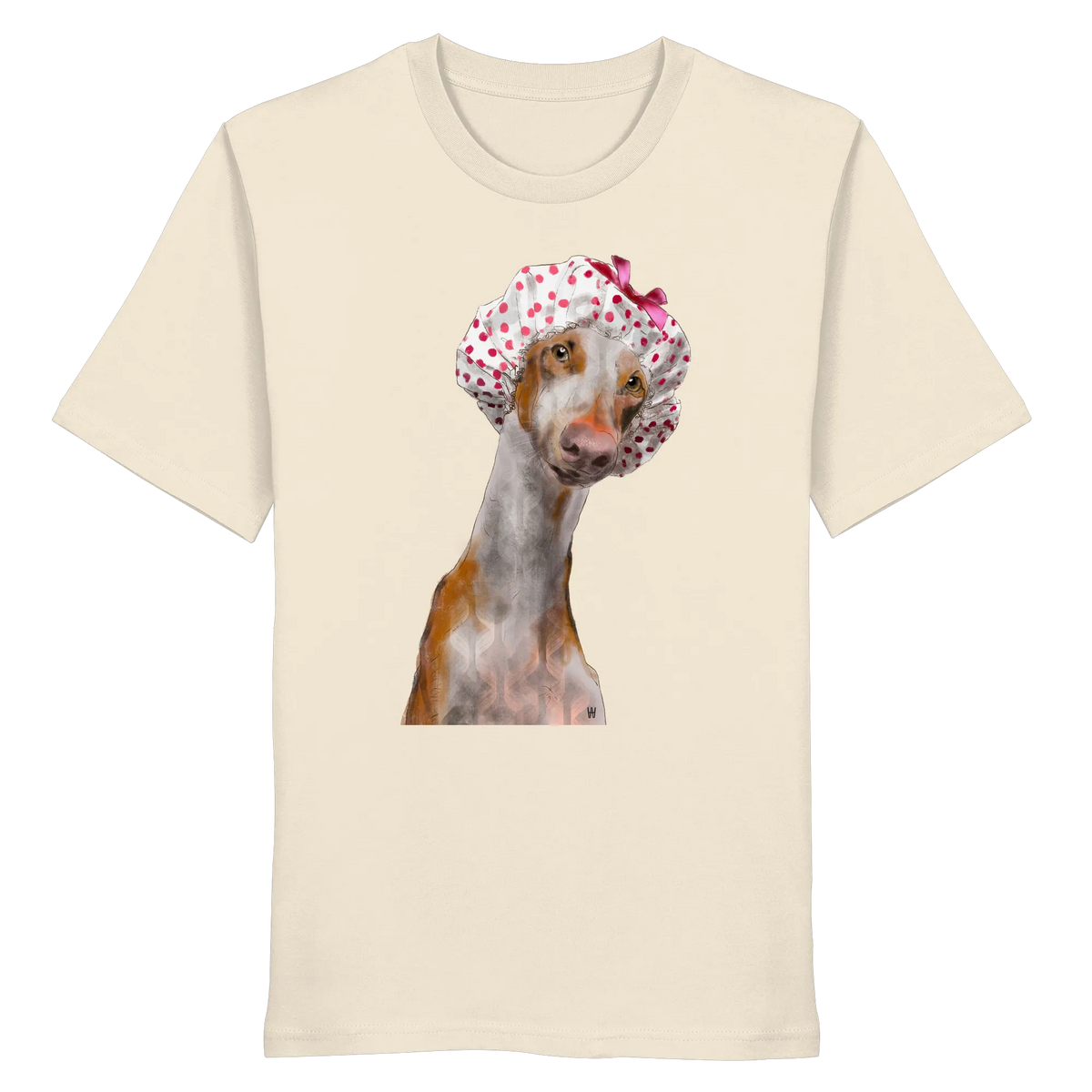 Handgezeichnete Podenco-Illustration "Sanft" auf einem Bio-T-Shirt in Cremeweiß.