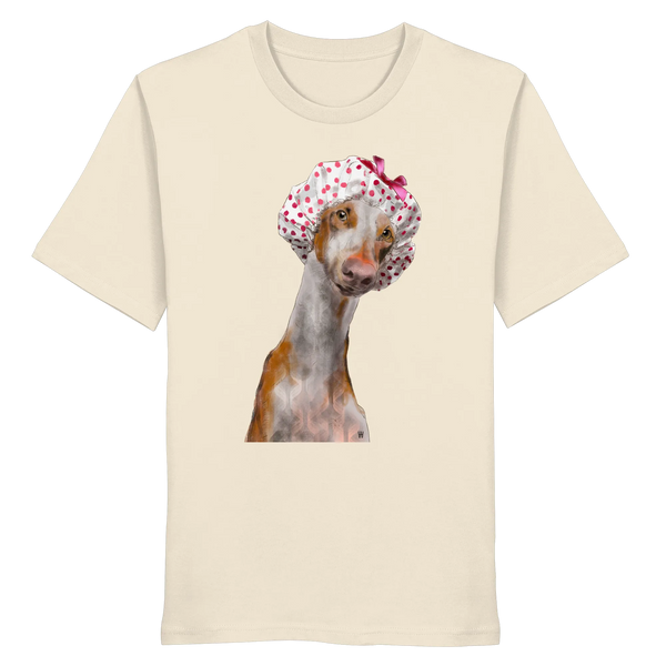 Handgezeichnete Podenco-Illustration "Sanft" auf einem Bio-T-Shirt in Cremeweiß.