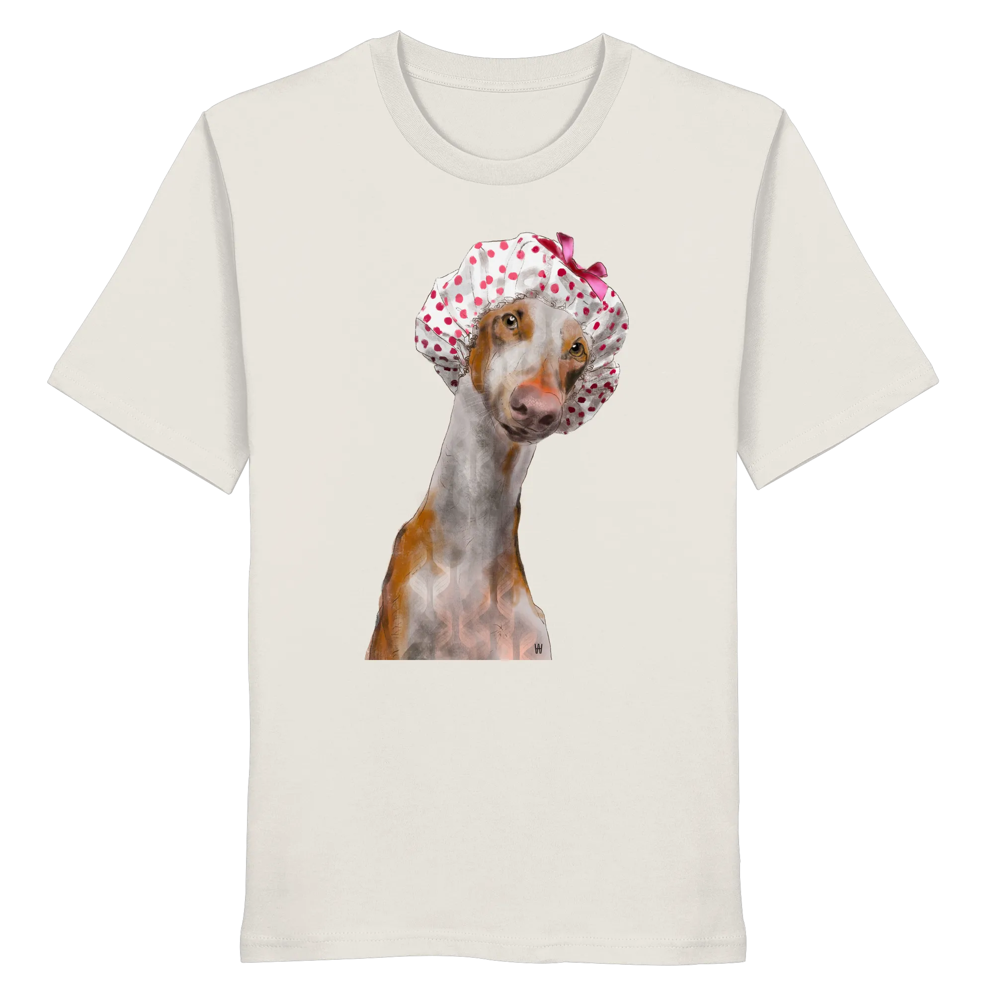 Handgezeichnete Podenco-Illustration "Sanft" auf einem Bio-T-Shirt in Off-white.