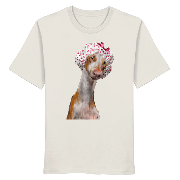 Handgezeichnete Podenco-Illustration "Sanft" auf einem Bio-T-Shirt in Off-white.