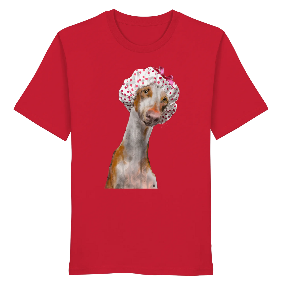 Handgezeichnete Podenco-Illustration "Sanft" auf einem roten Bio-T-Shirt.