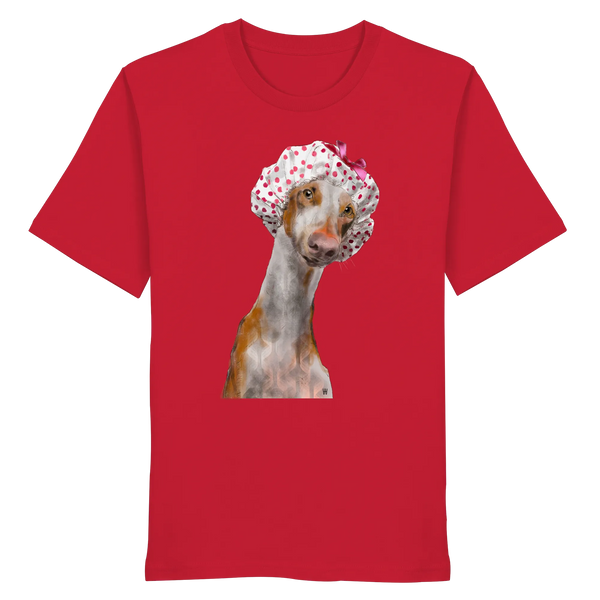 Handgezeichnete Podenco-Illustration "Sanft" auf einem roten Bio-T-Shirt.