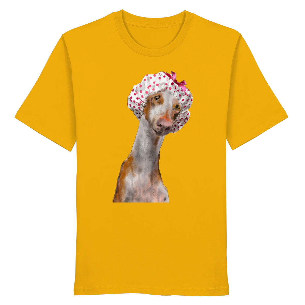 Handgezeichnete Podenco-Illustration "Sanft" auf einem gelben Bio-T-Shirt.