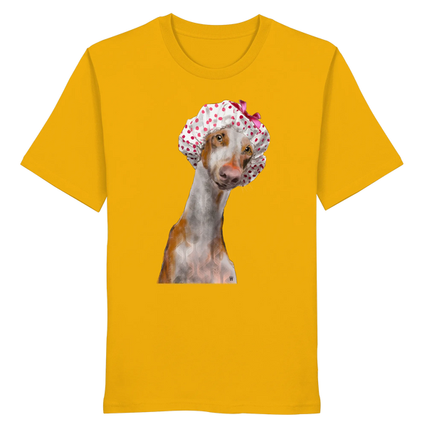 Handgezeichnete Podenco-Illustration "Sanft" auf einem gelben Bio-T-Shirt.