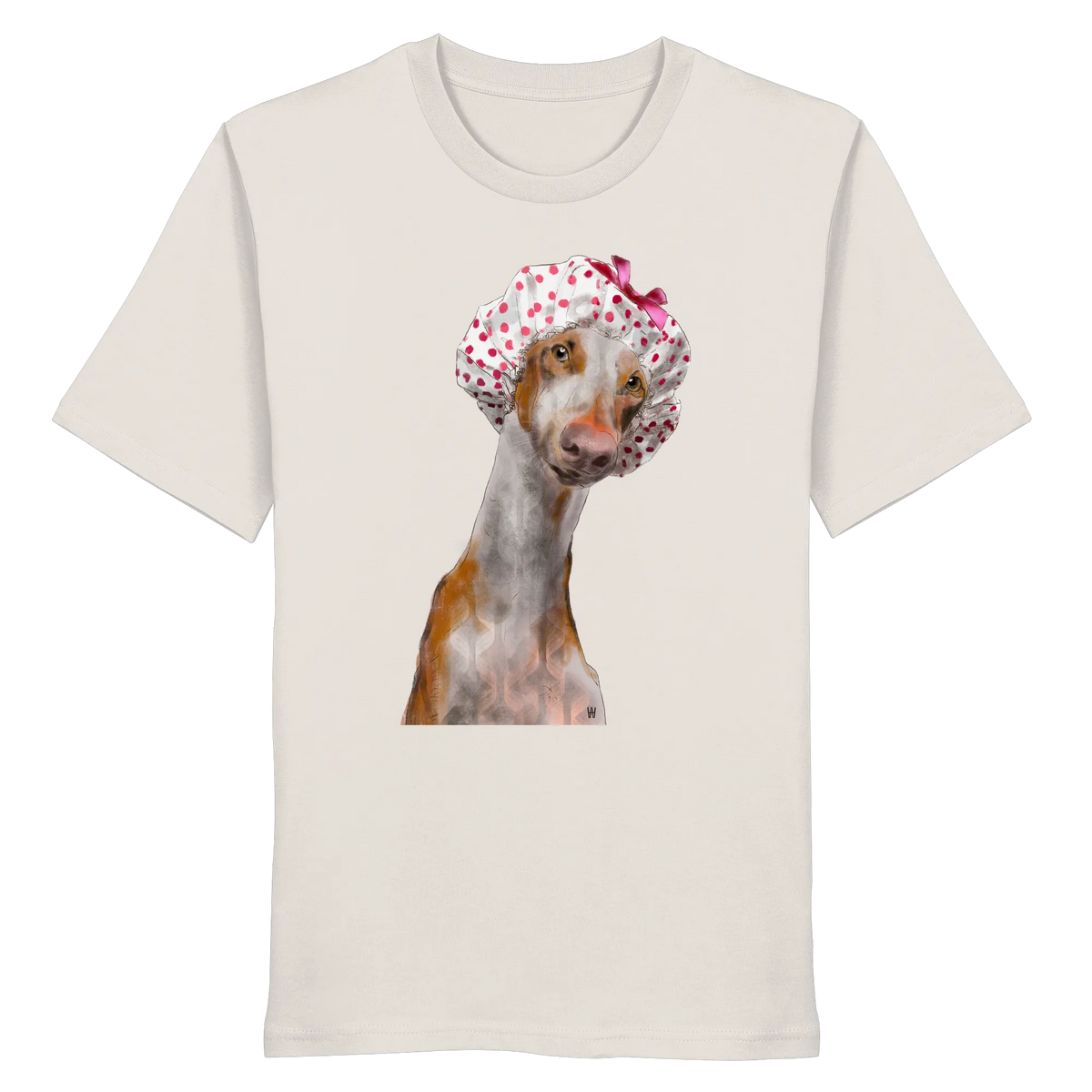 Handgezeichnete Podenco-Illustration "Sanft" auf einem altweißen Bio-T-Shirt.
