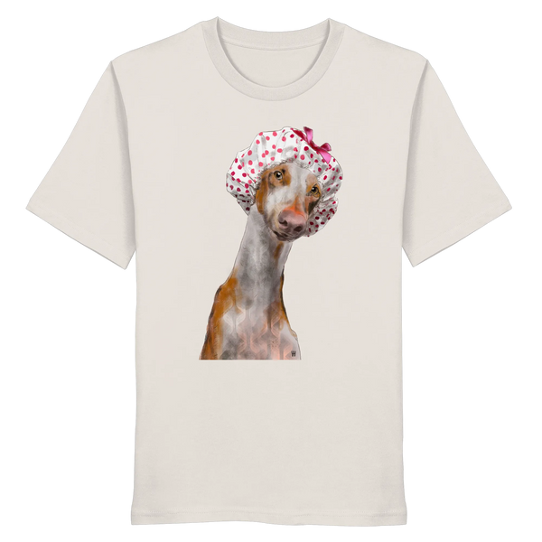 Handgezeichnete Podenco-Illustration "Sanft" auf einem altweißen Bio-T-Shirt.