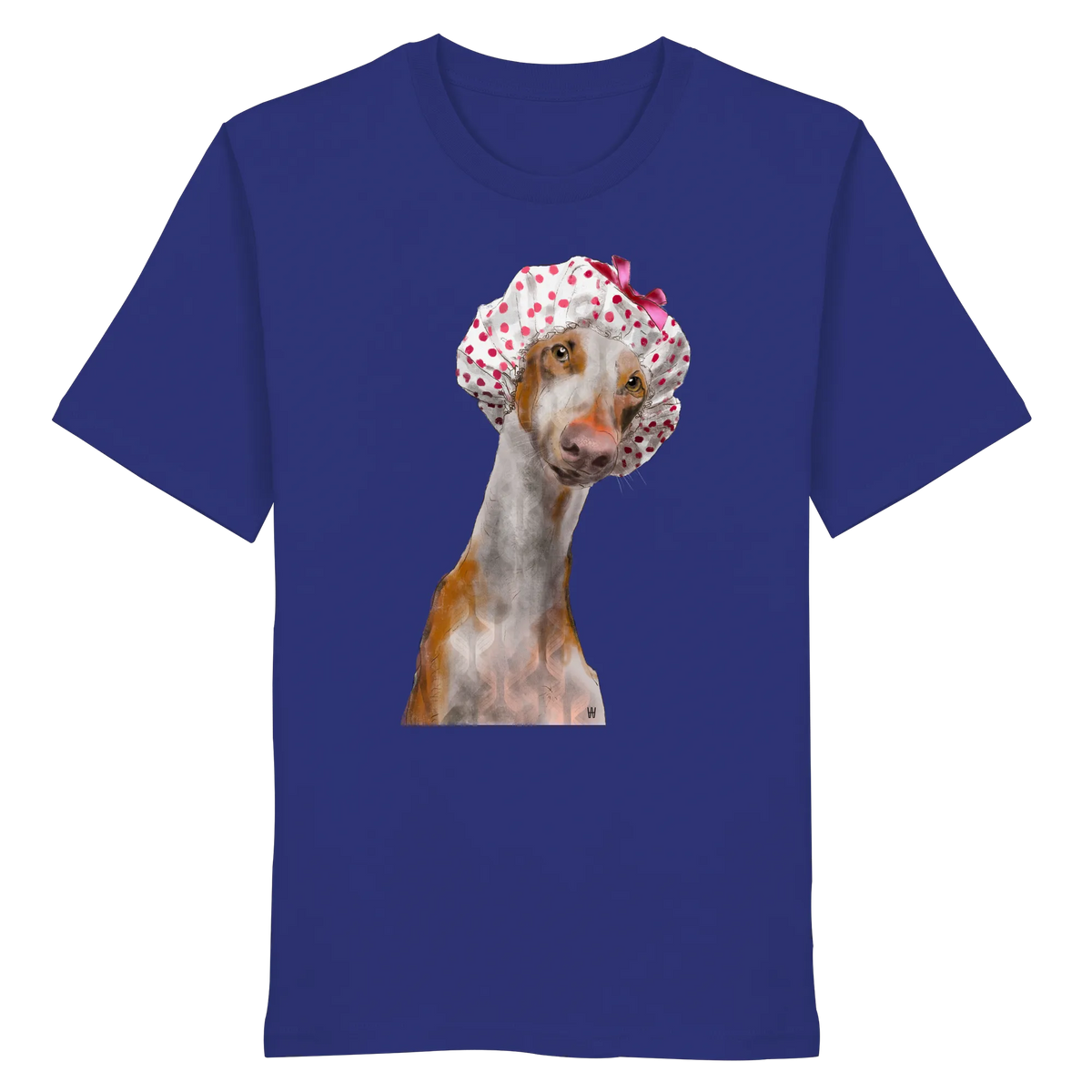 Handgezeichnete Podenco-Illustration "Sanft" auf einem ultramarinblauen Bio-T-Shirt.