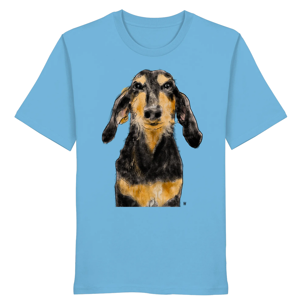 Handgezeichnete Segugio Italiano-Illustration "Tenor" auf einem mittelblauen Bio-T-Shirt.