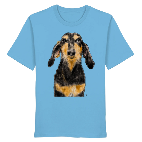 Handgezeichnete Segugio Italiano-Illustration "Tenor" auf einem mittelblauen Bio-T-Shirt.