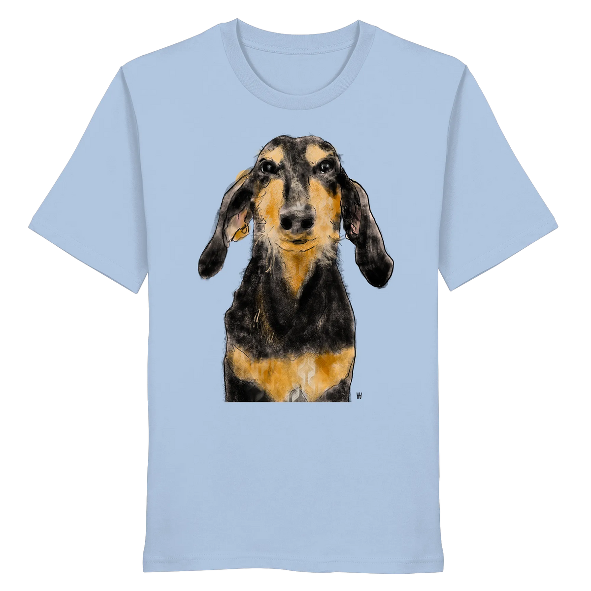Handgezeichnete Segugio Italiano-Illustration "Tenor" auf einem hellblauen Bio-T-Shirt.