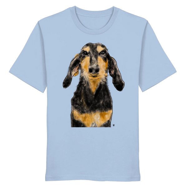 Handgezeichnete Segugio Italiano-Illustration "Tenor" auf einem hellblauen Bio-T-Shirt.
