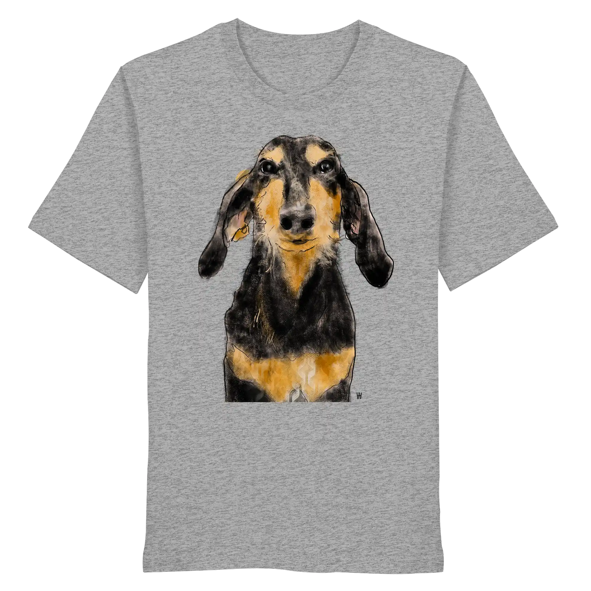 Handgezeichnete Segugio Italiano-Illustration "Tenor" auf einem hellgraumelierten Bio-T-Shirt.