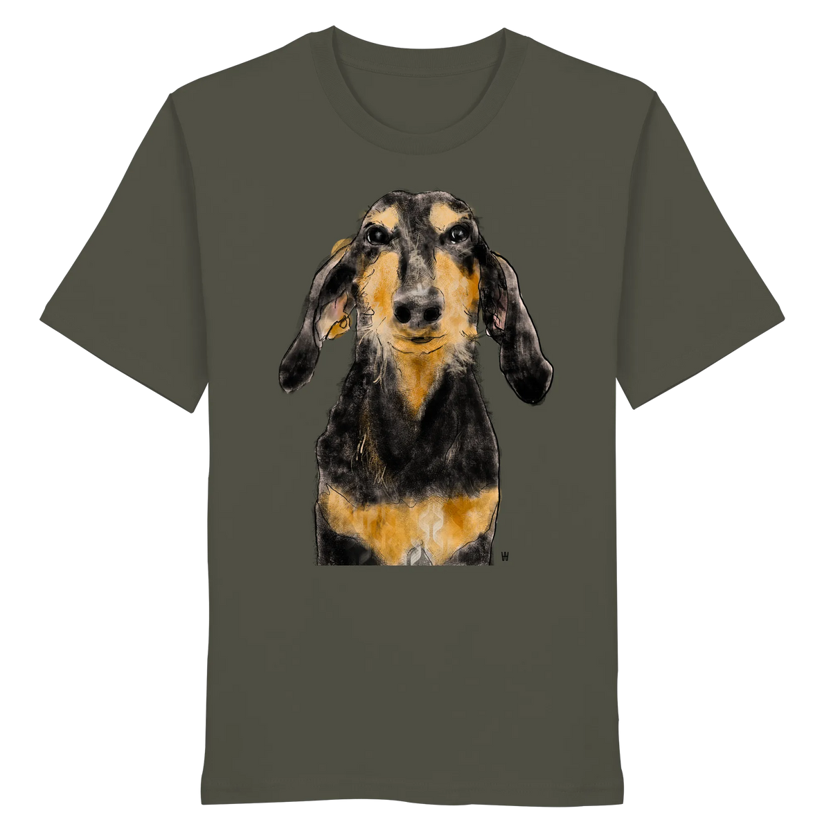 Handgezeichnete Segugio Italiano-Illustration "Tenor" auf einem Bio-T-Shirt in Khaki.