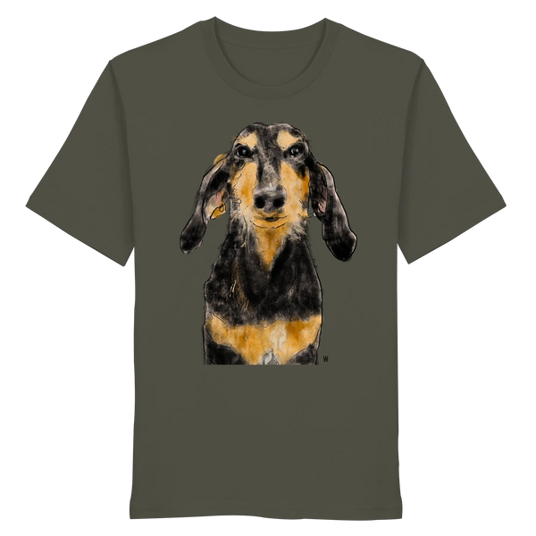 Handgezeichnete Segugio Italiano-Illustration "Tenor" auf einem Bio-T-Shirt in Khaki.
