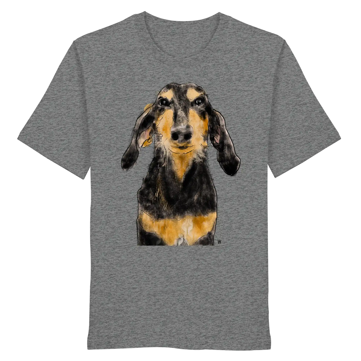 Handgezeichnete Segugio Italiano-Illustration "Tenor" auf einem melierten mittelgrauen Bio-T-Shirt.
