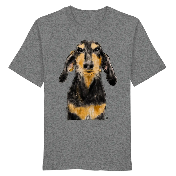 Handgezeichnete Segugio Italiano-Illustration "Tenor" auf einem melierten mittelgrauen Bio-T-Shirt.